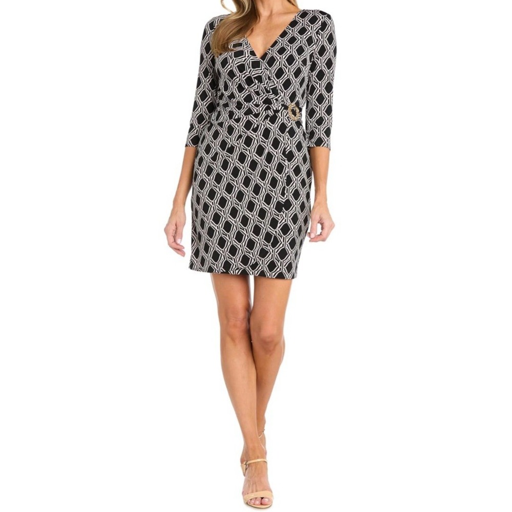 NWT R&M Richards Women's Geo Noir Wrap Dress - Size 12P - Color Black/White